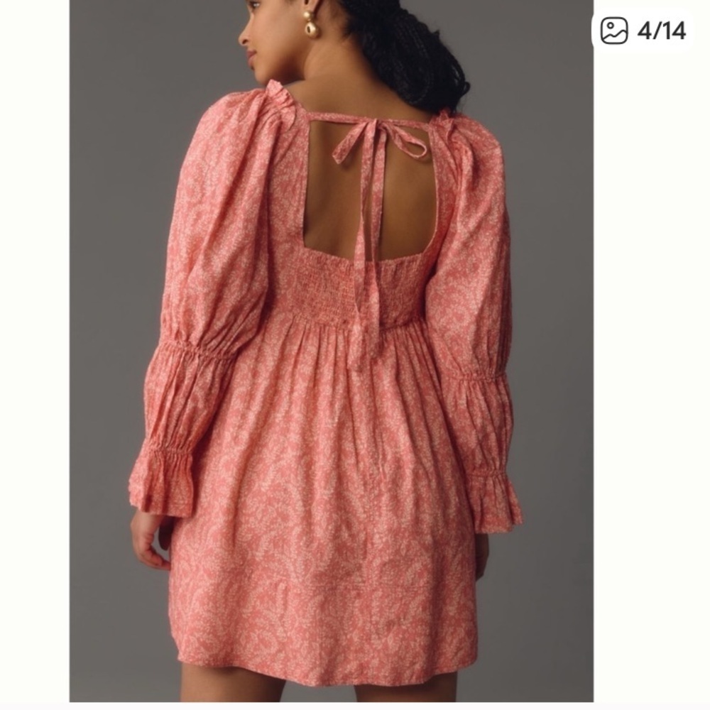 Anthropologie Pilcro pink floral babydoll mini dress with gathered sleeves. L - Picture 6 of 13